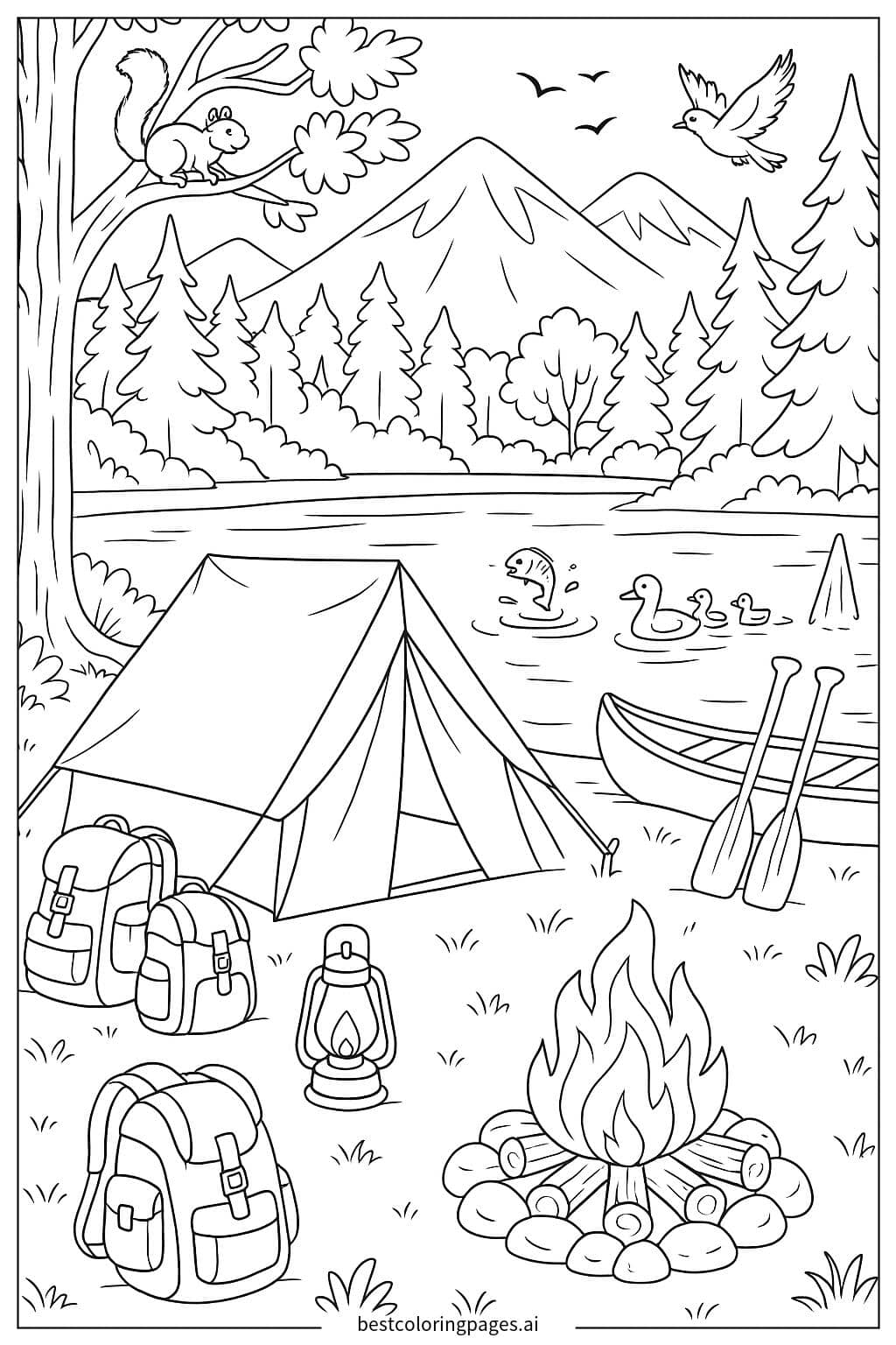 ภาพระบายสี ตั้งแคมป์ริมทะเลสาบกับพายเรือแคนู