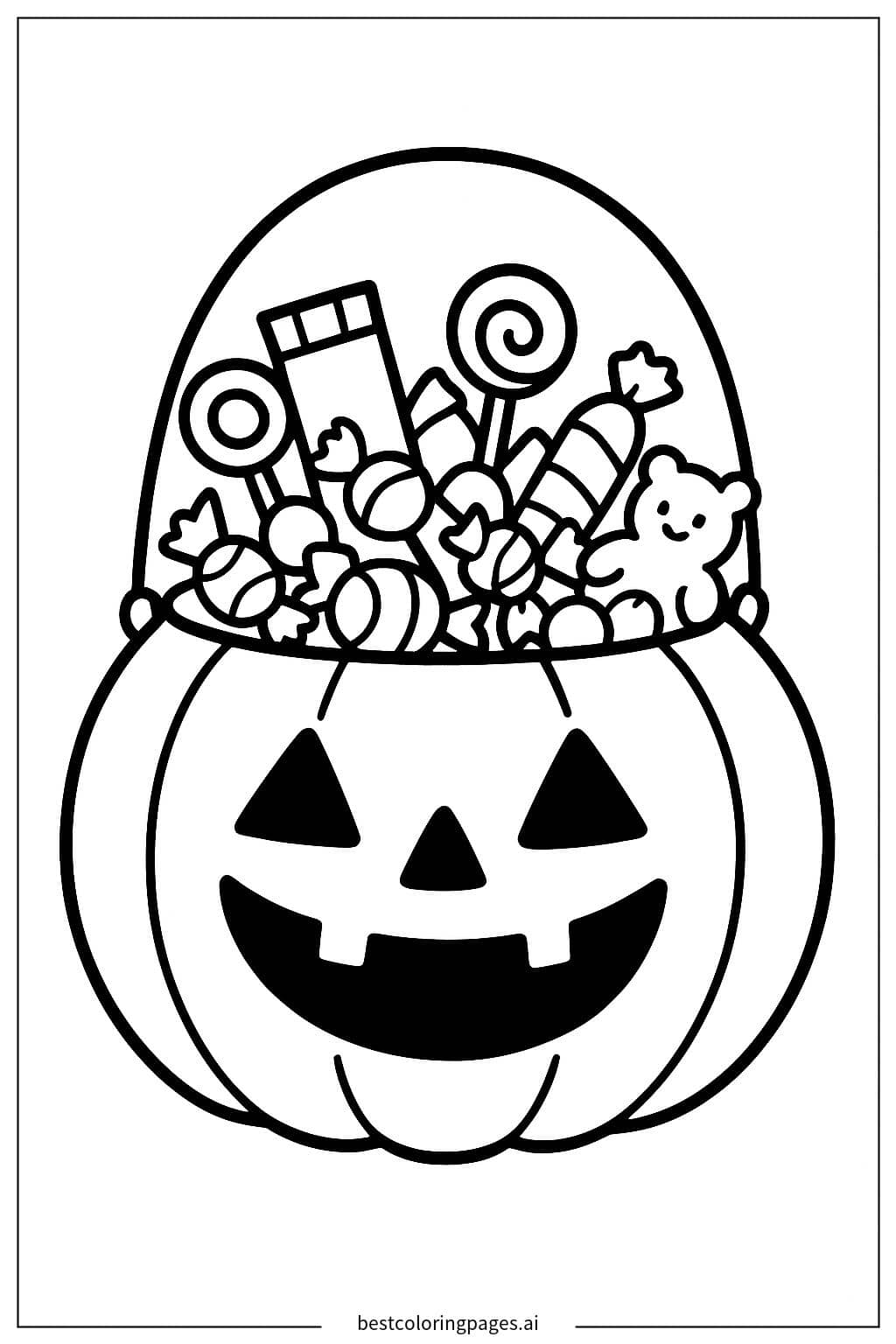 Halloween Candy Bucket Filled with Treats Coloring Page