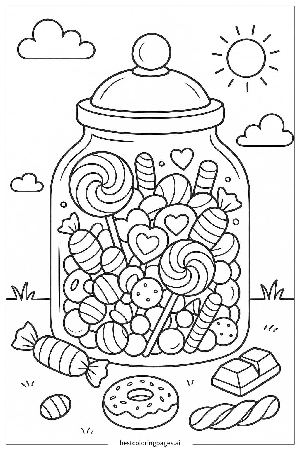 Coloriage Pot de bonbons avec friandises assorties