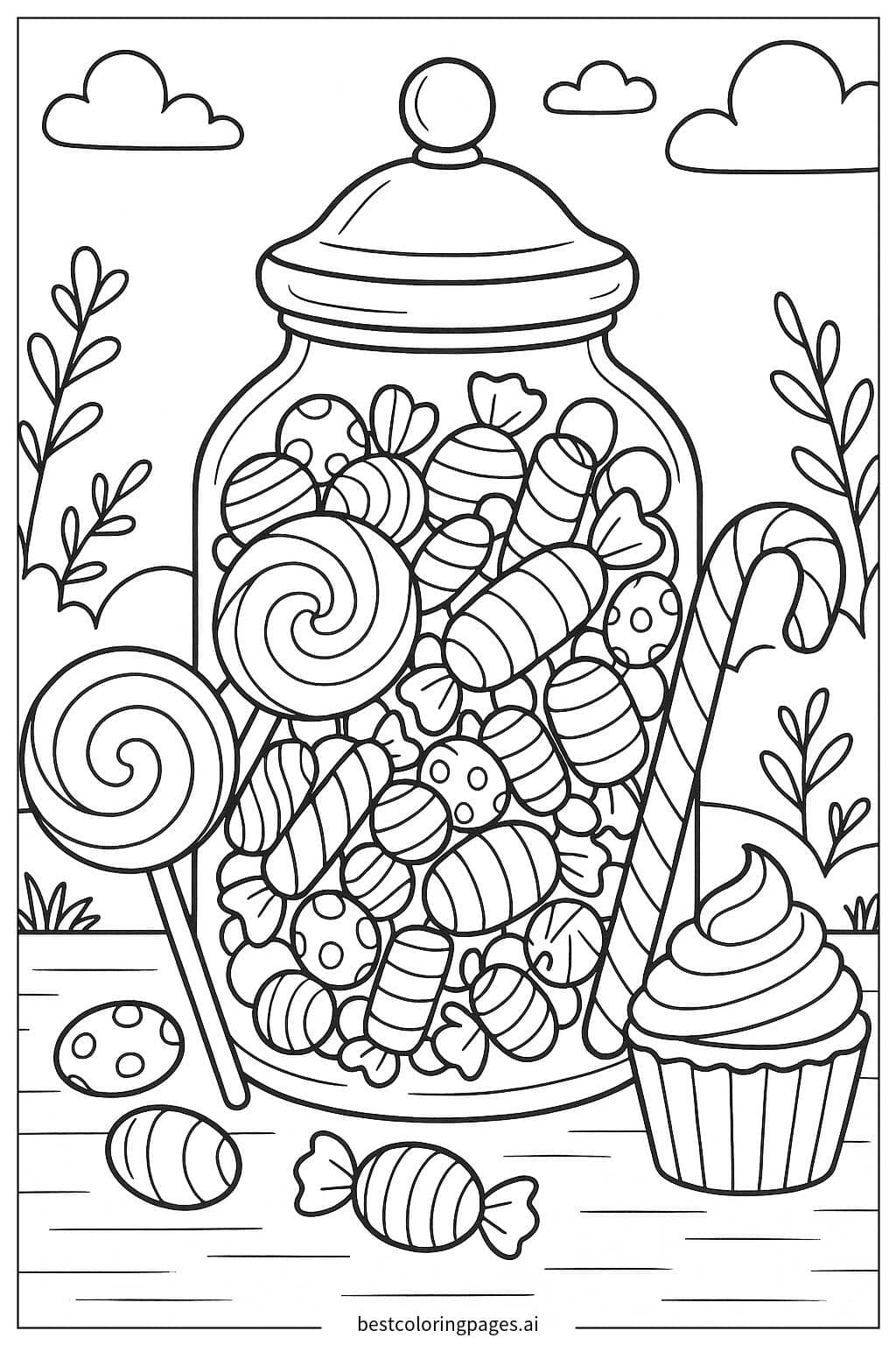 Coloriage Bocal de bonbons avec différentes friandises