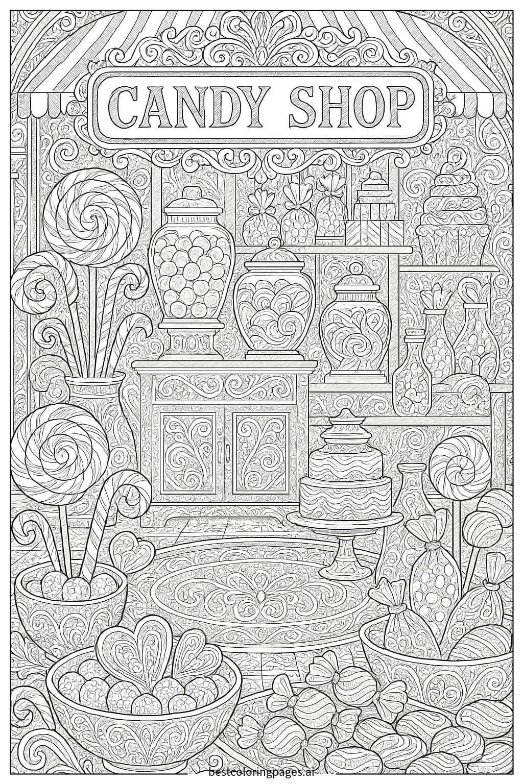 Coloriage Boutique de bonbons avec diverses friandises