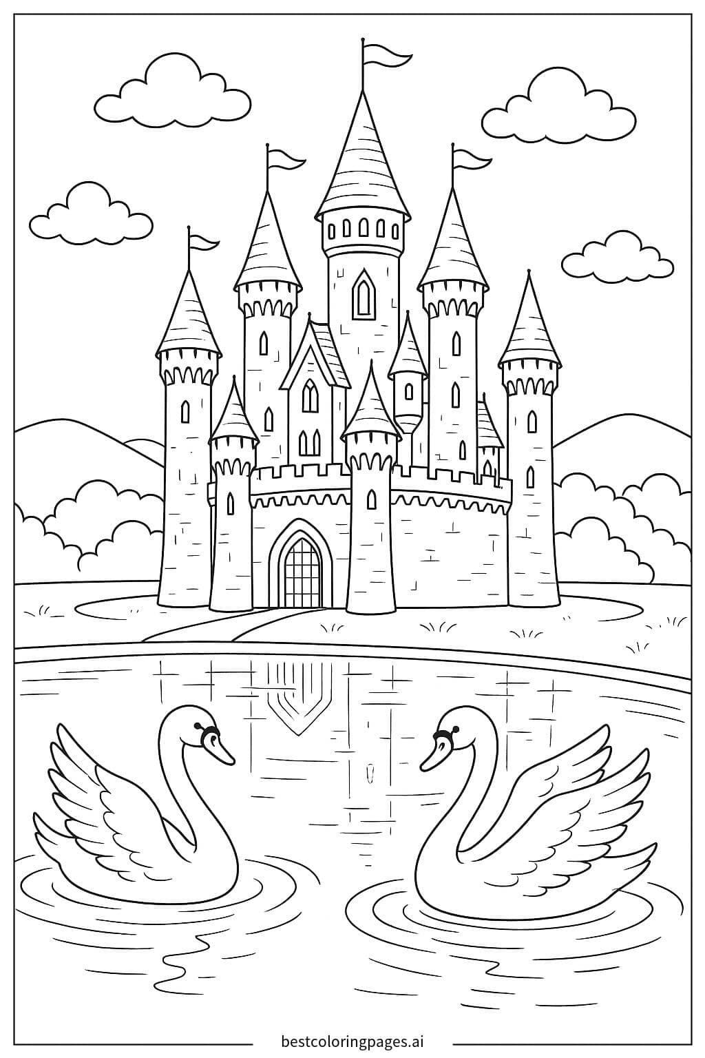 Majestic Castle with Swans and Moat Coloring Page