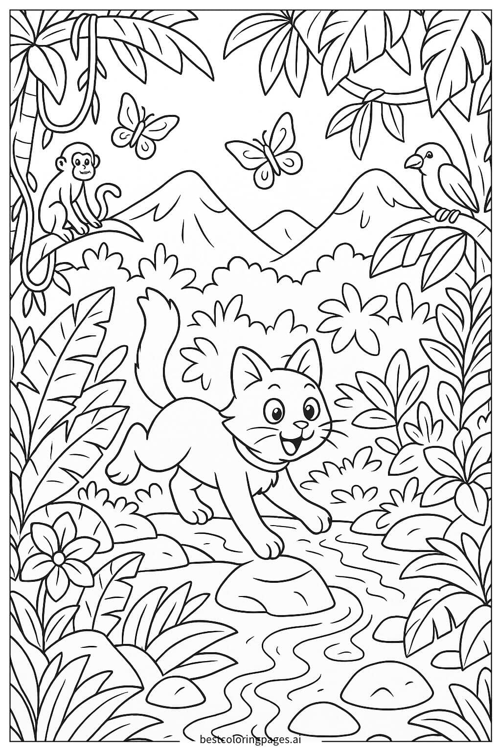 Exciting Jungle Cat Adventure Coloring Page