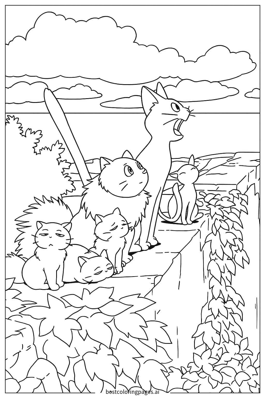 Cat Adventurers on a Cliff Coloring Page