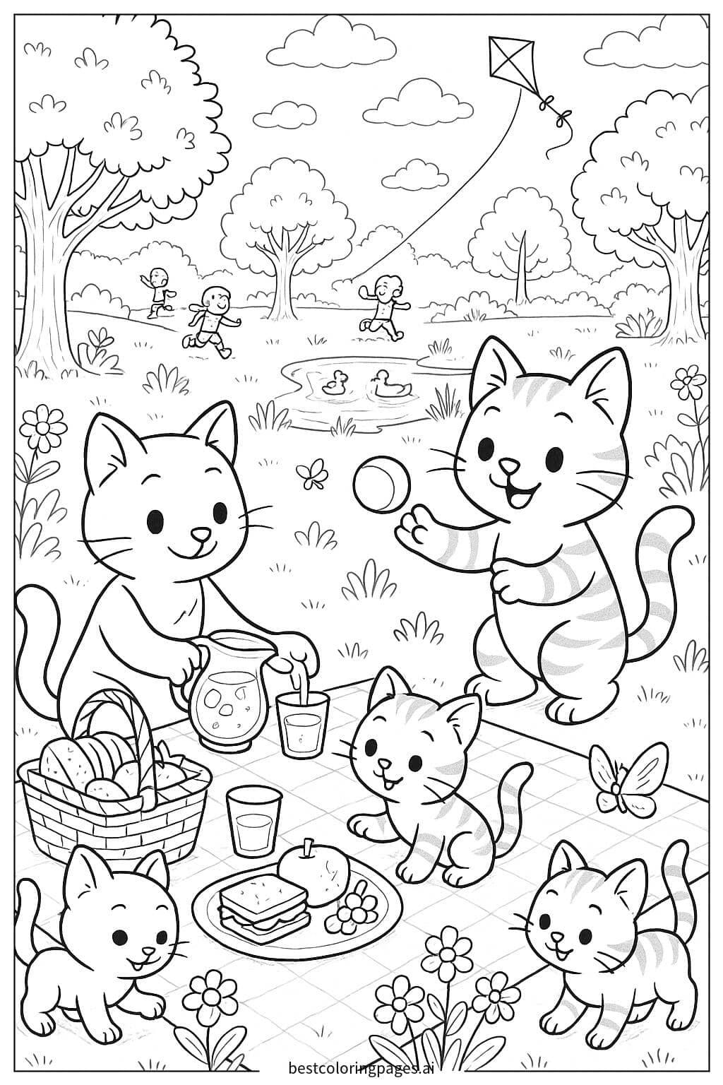 Cat Family Picnic Coloring Page