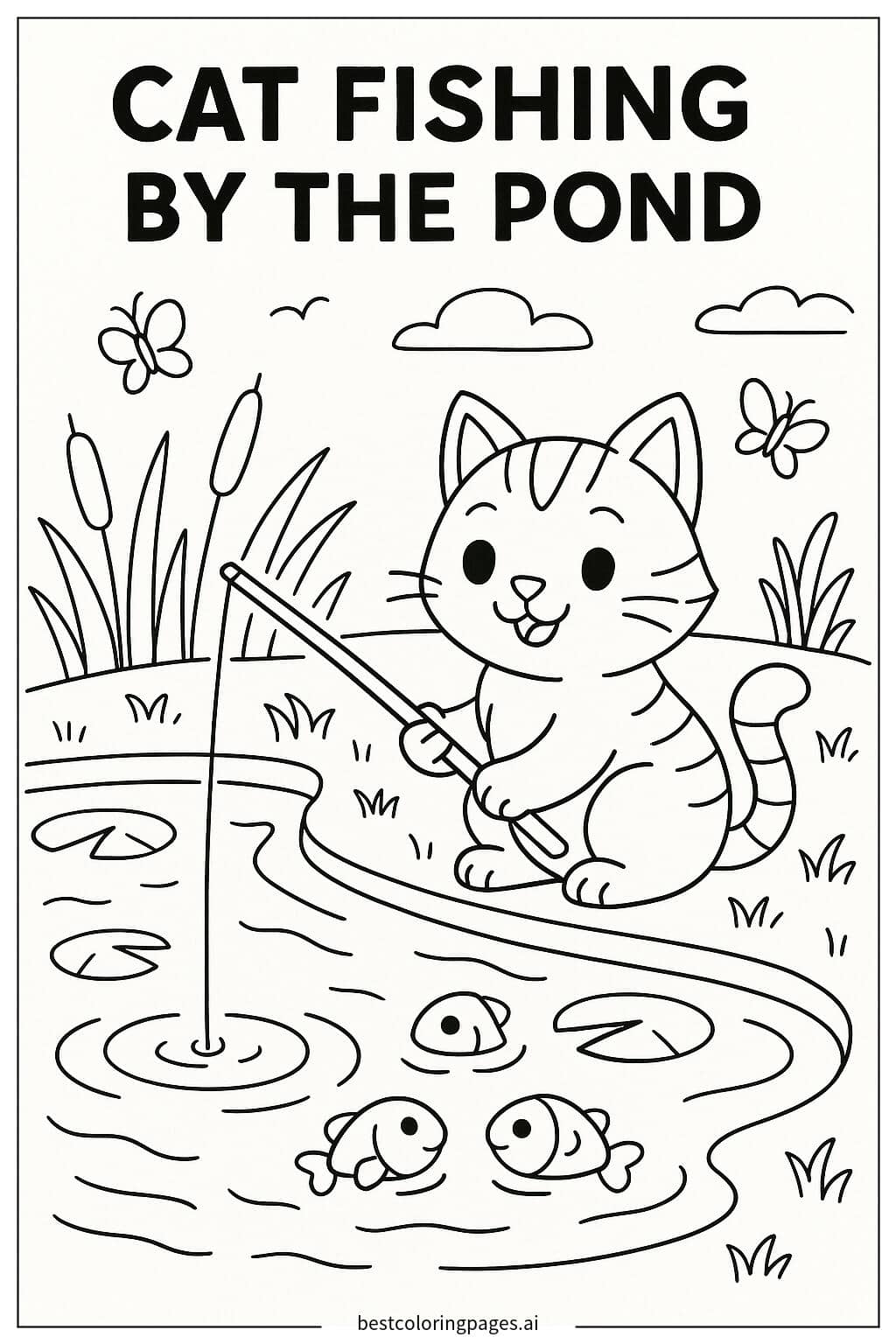 Cat Fishing by the Pond Coloring Page