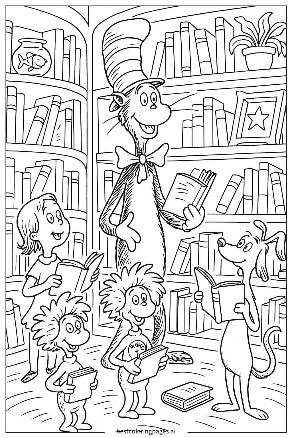 Coloriage Le Chat Chapeauté et ses Amis à la Bibliothèque