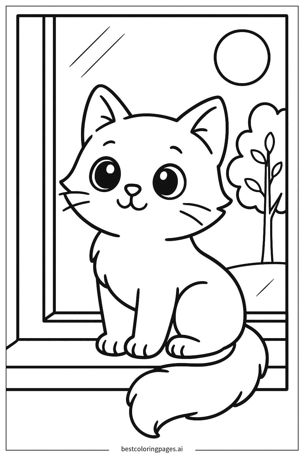 Cat Gazing Out the Window Coloring Page