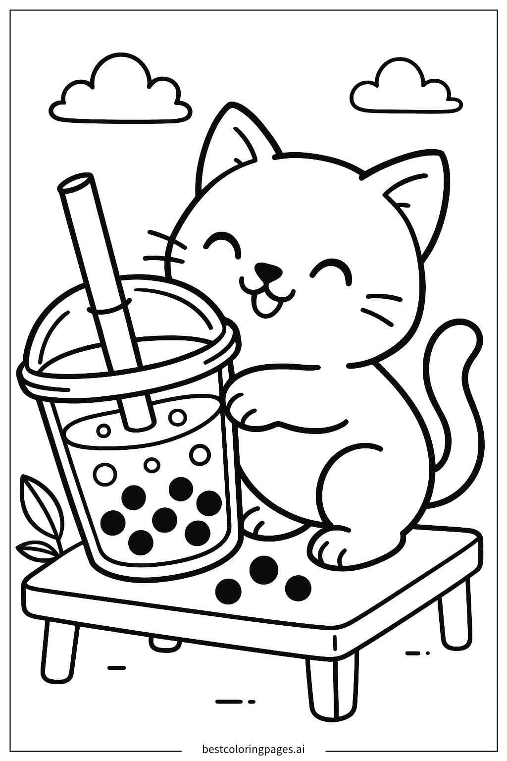 Cat Enjoying Boba Tea Coloring Page