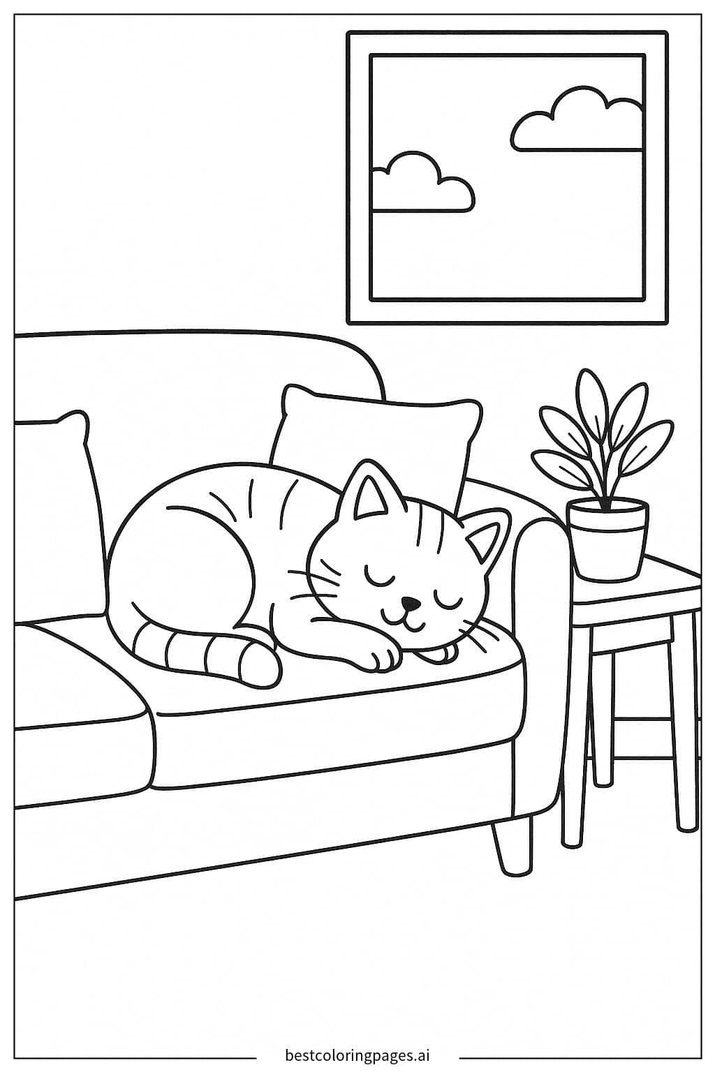 Cozy Cat Napping on the Couch Coloring Page