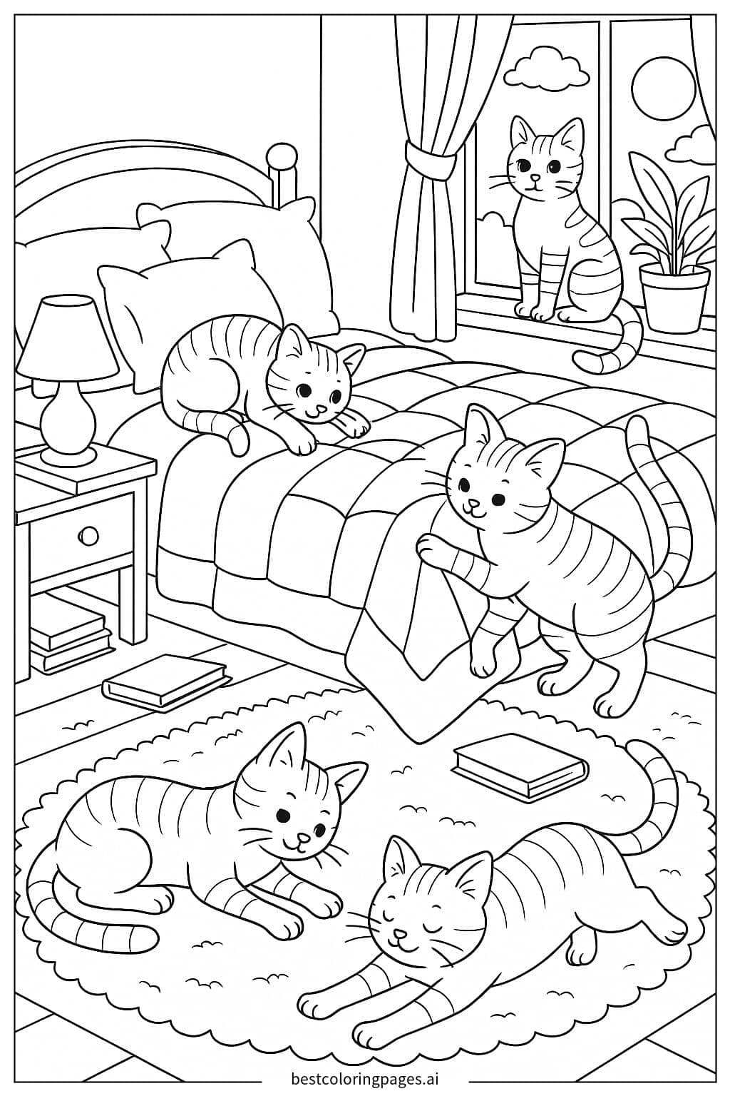 Cats in a Cozy Bedroom Coloring Page
