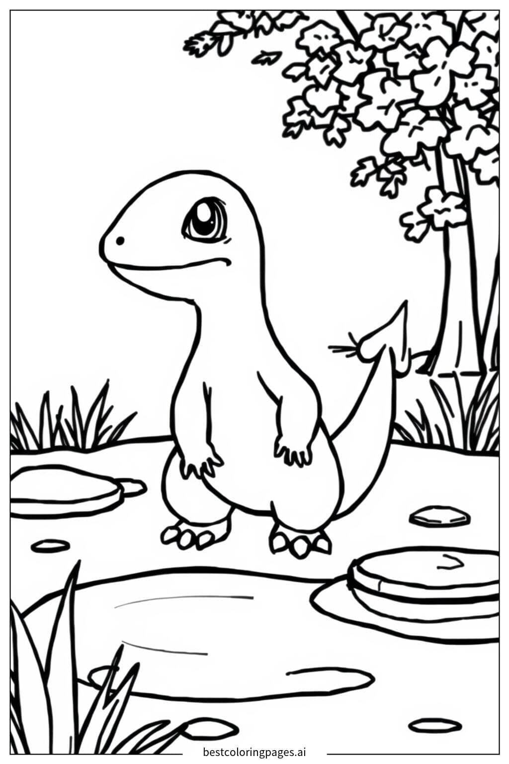 Coloriage Salamèche près d'un étang