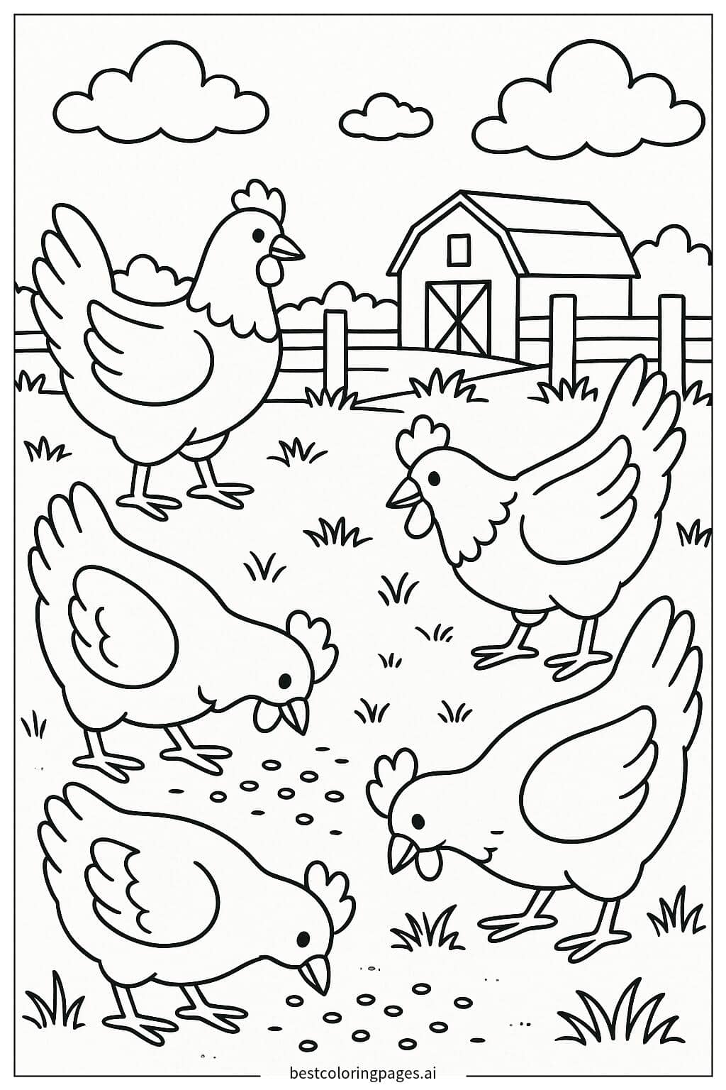 Dibujos de Gallinas Buscando Comida para Colorear
