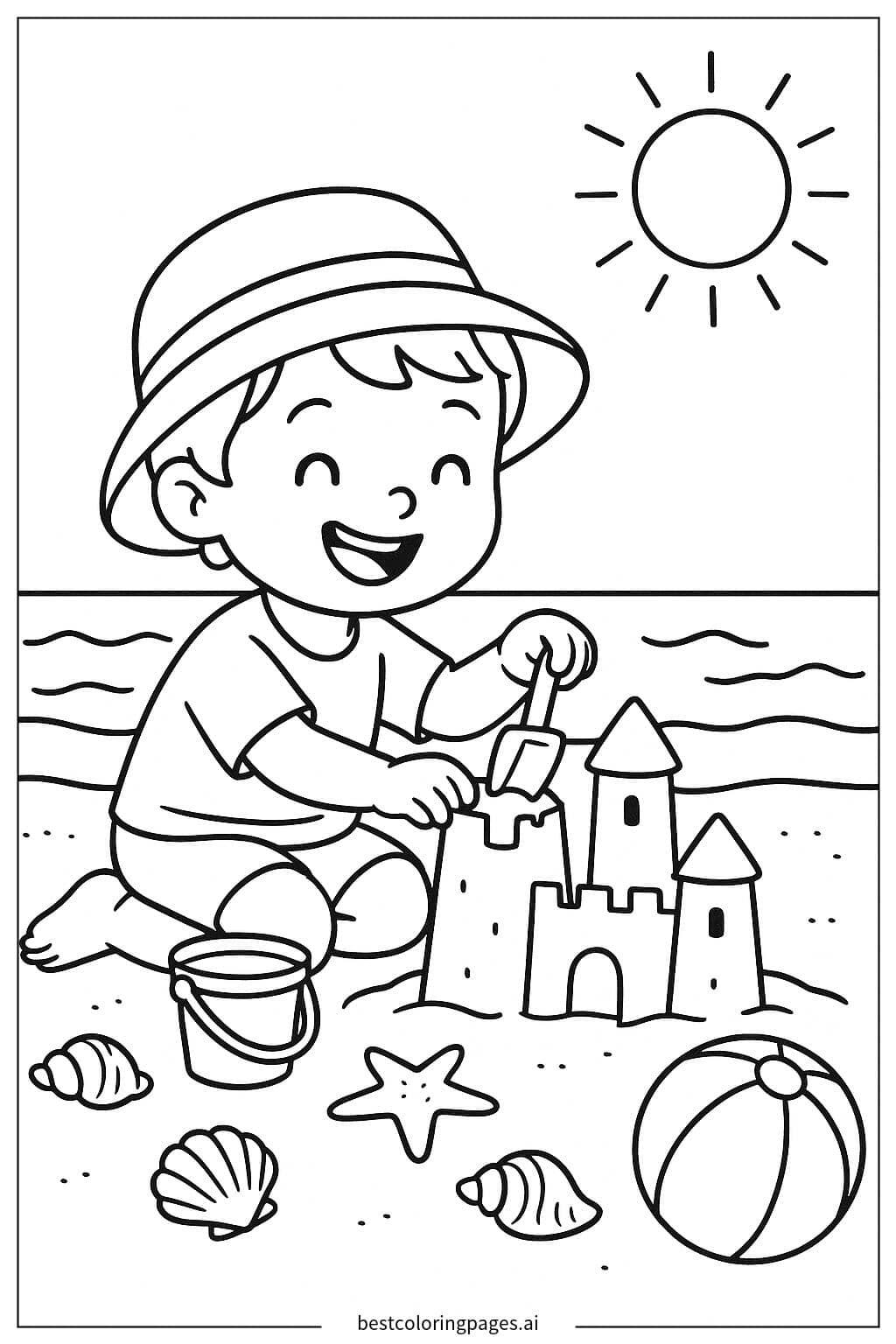 Child Building a Sandcastle on the Beach Coloring Page
