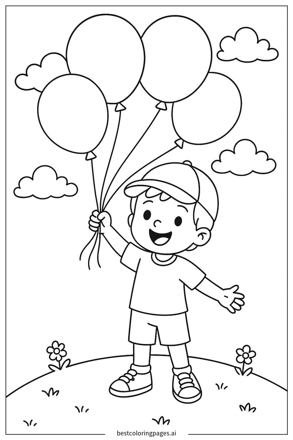 Joyful Child with Balloons Coloring Page