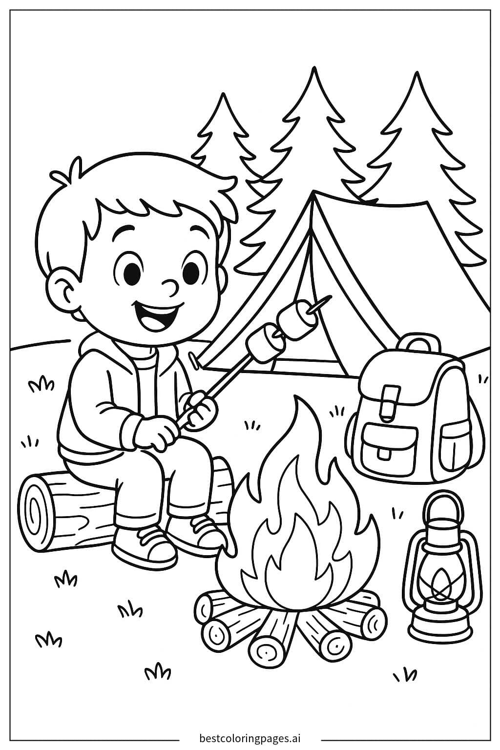 ภาพระบายสี เด็กย่างมาร์ชเมลโลวในแคมป์