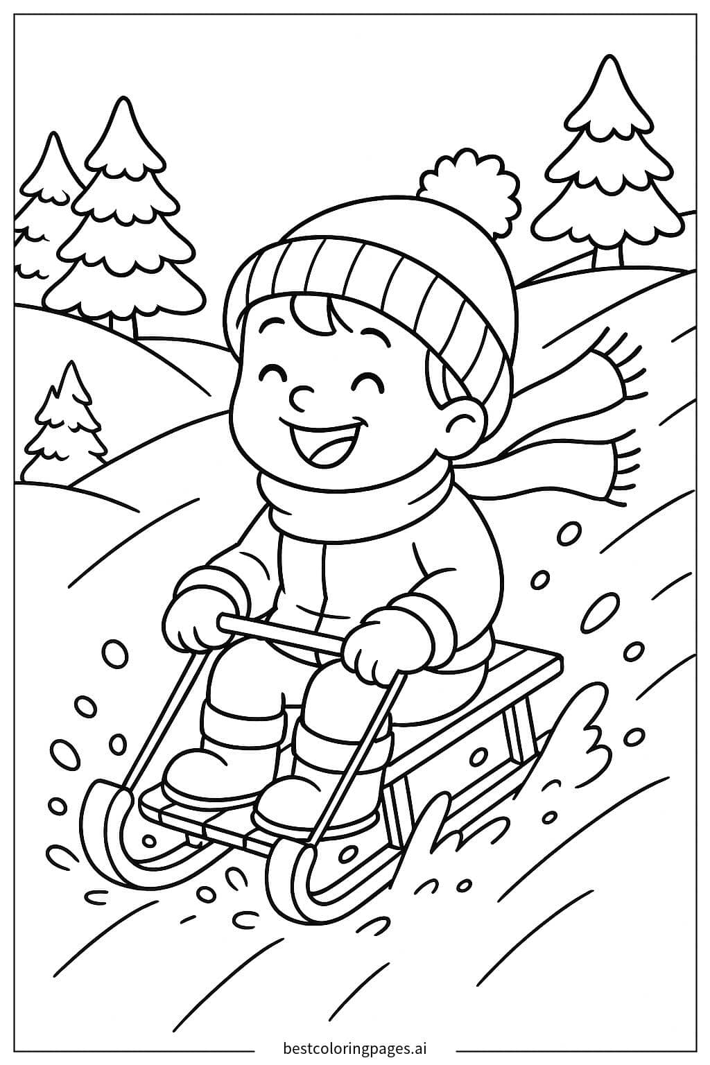 Child Sledding Adventure Coloring Page