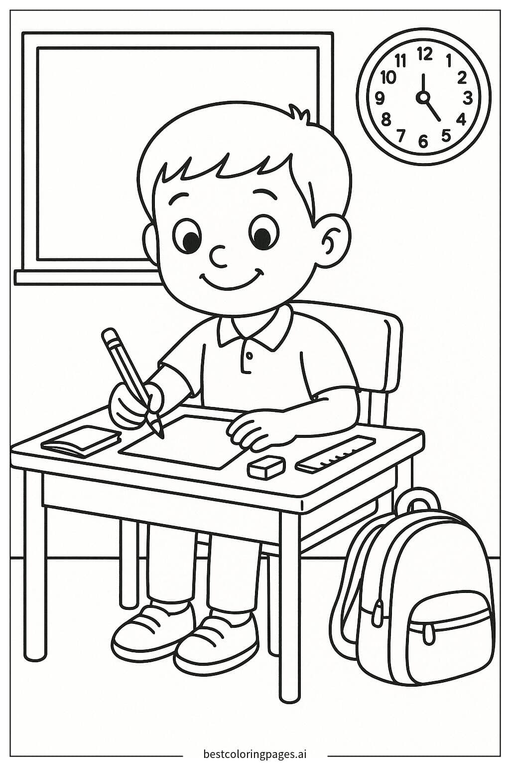 Child Writing at Desk Coloring Page