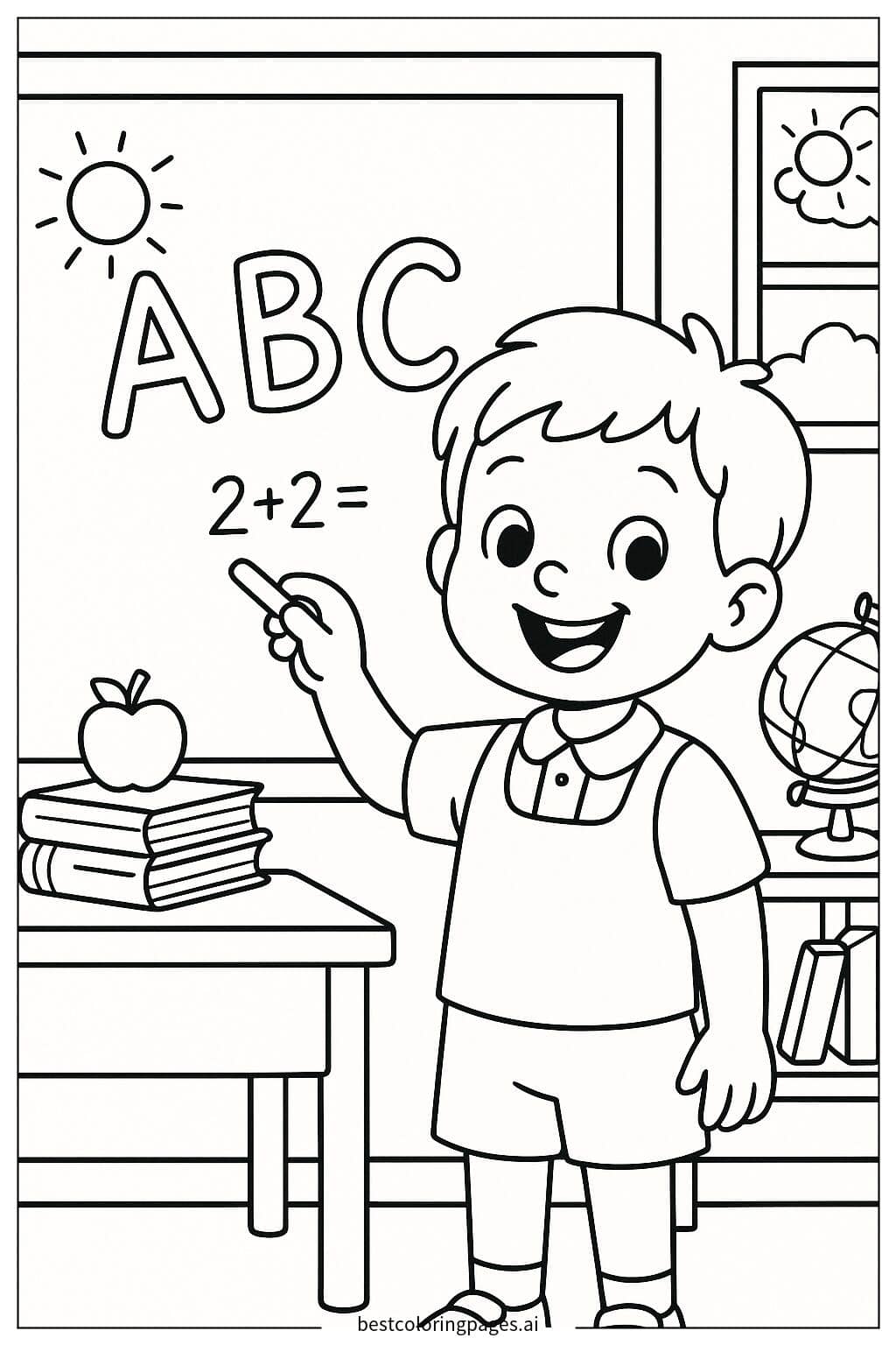 Young Student Writing on Chalkboard Coloring Page
