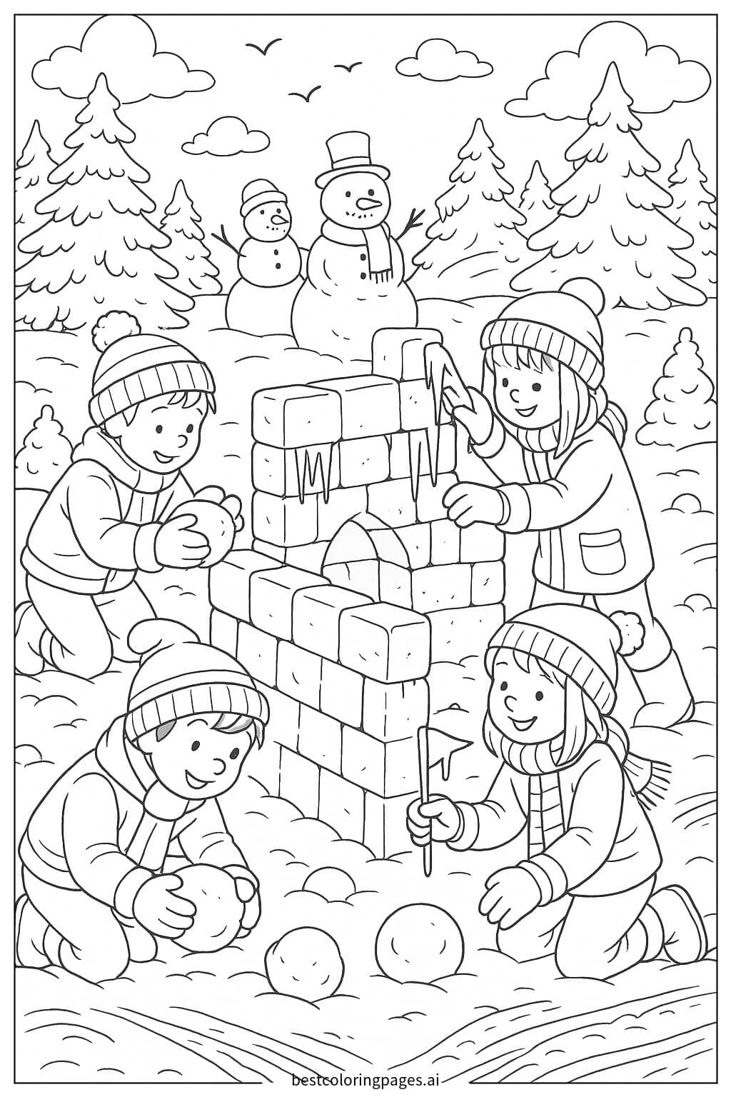 Desenhos de Crianças construindo um forte de neve para Colorir