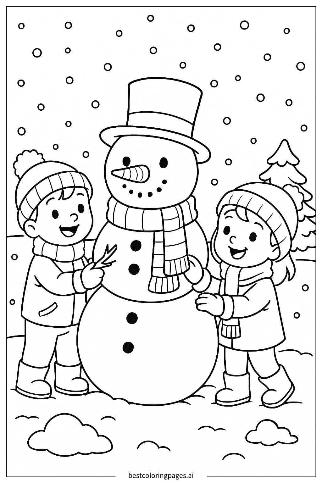 Desenhos de Crianças construindo um boneco de neve para Colorir