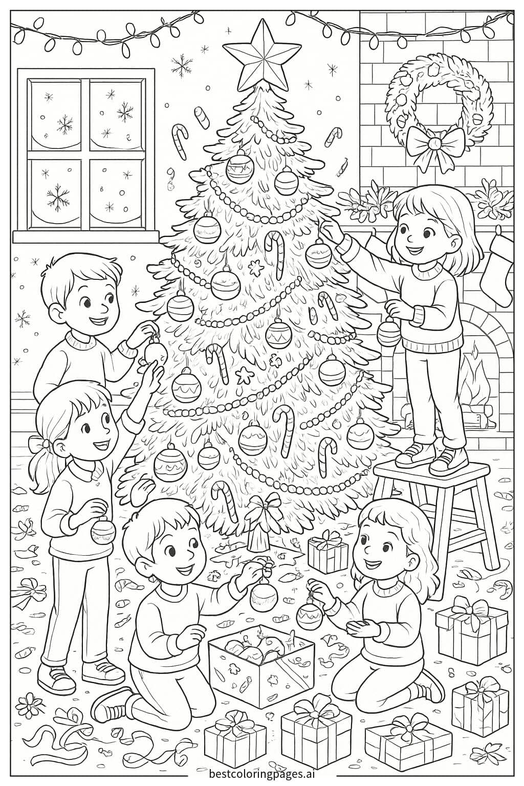 Children Decorating a Christmas Tree Coloring Page