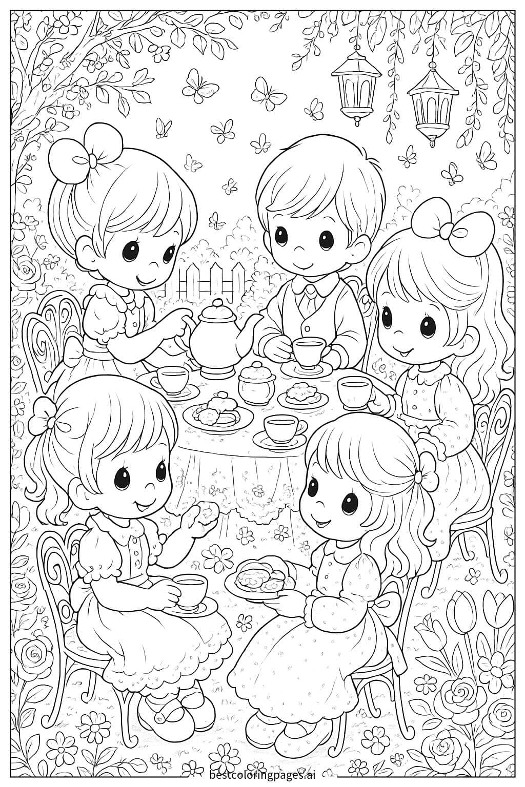 Children Enjoying a Delightful Tea Party in a Garden Coloring Page