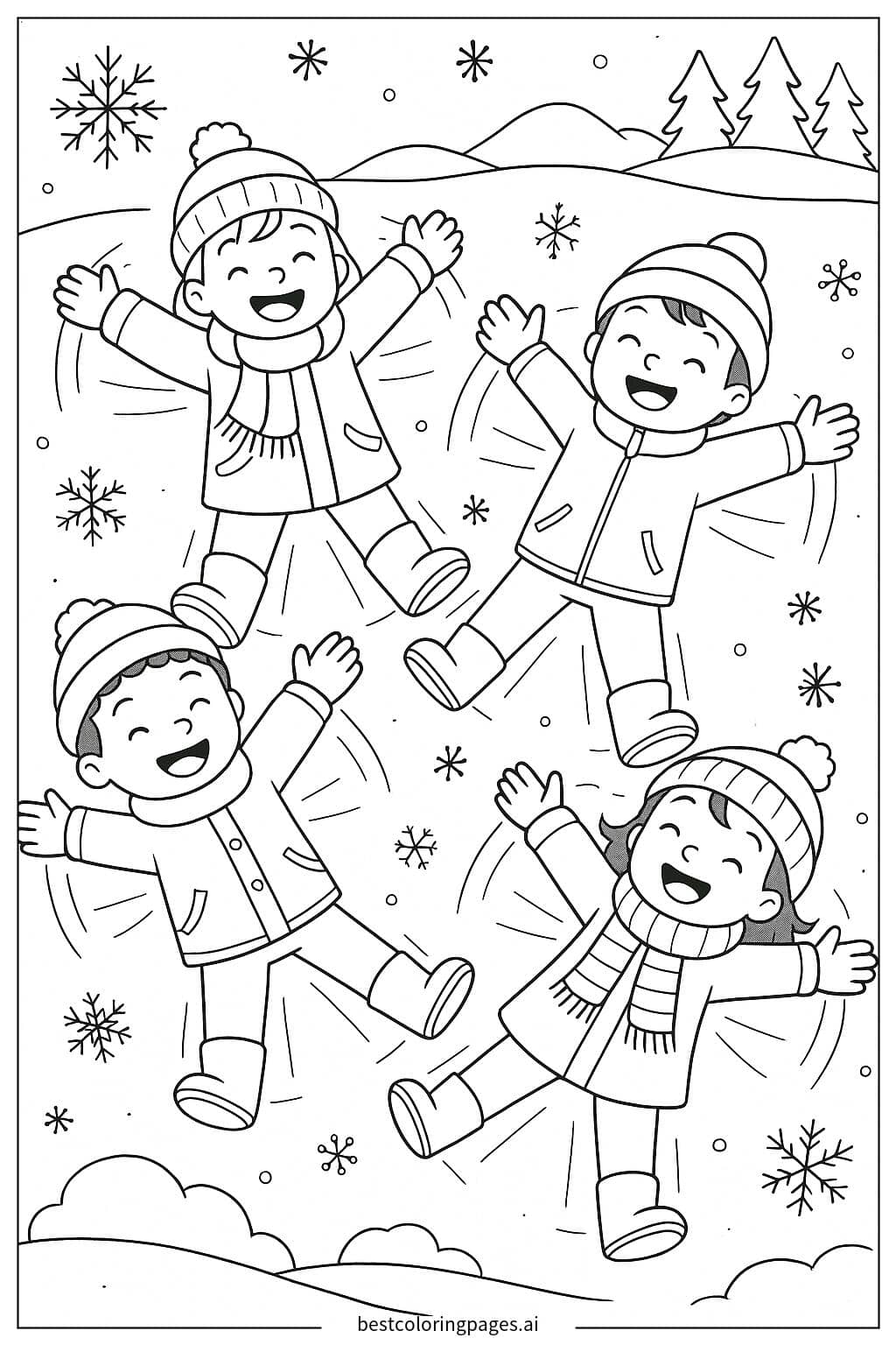 Kids Making Snow Angels Coloring Page