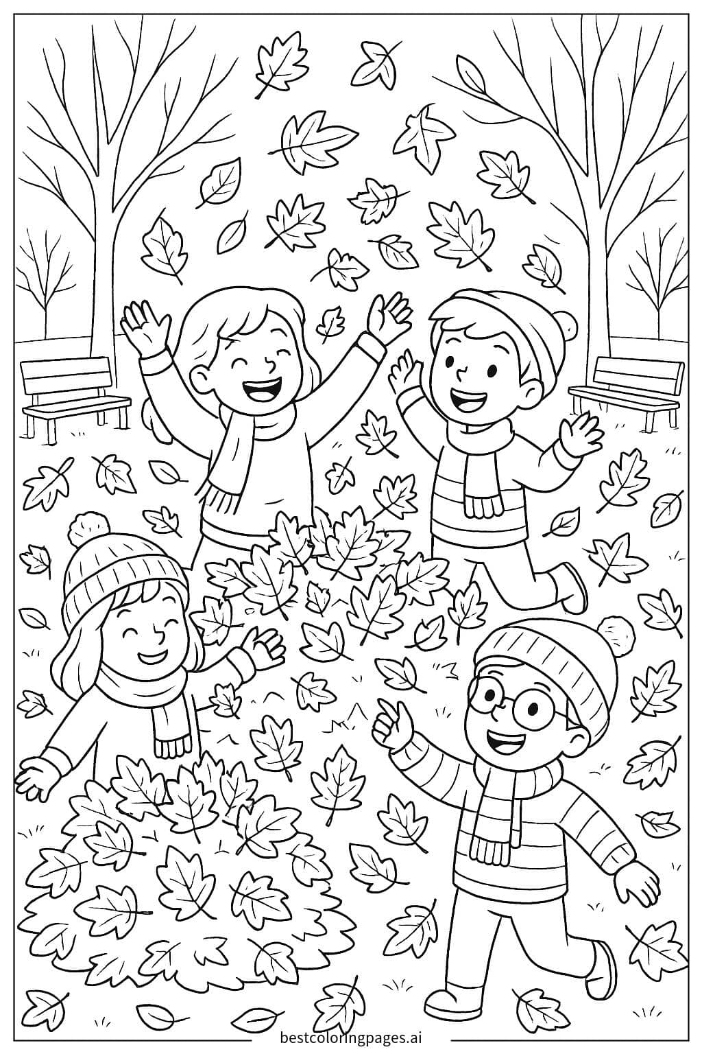 Desenhos de Crianças brincando em pilhas de folhas para Colorir