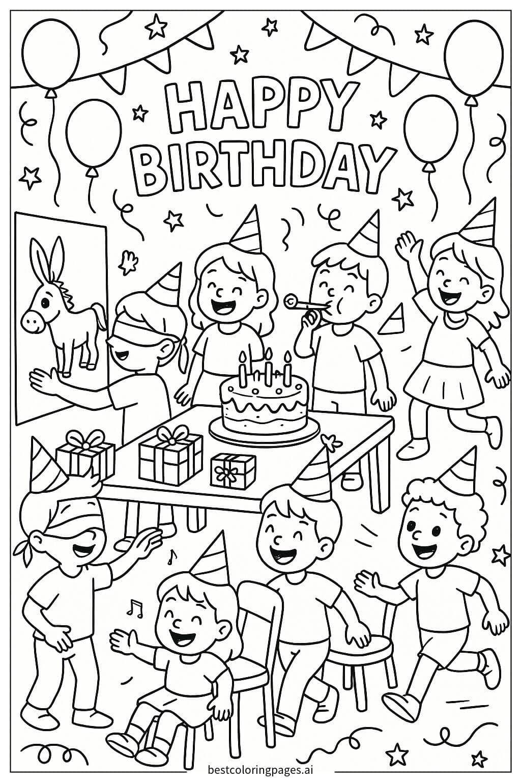 Children Having Fun at a Birthday Party Coloring Page