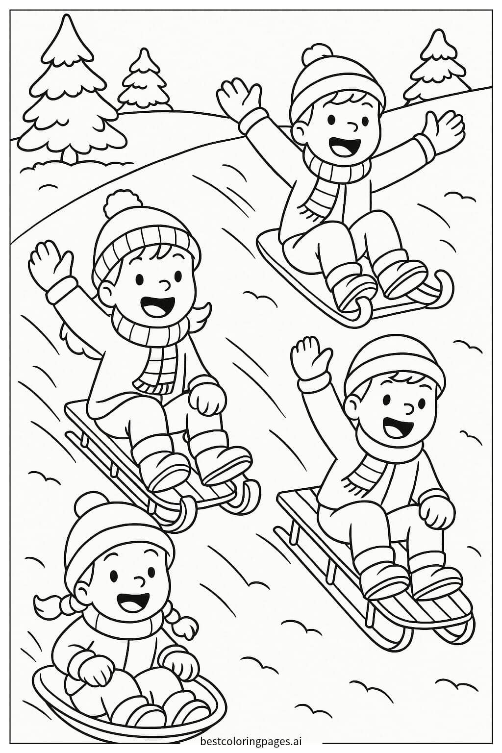 Fun Winter Adventure: Children Sledding Down a Hill Coloring Page
