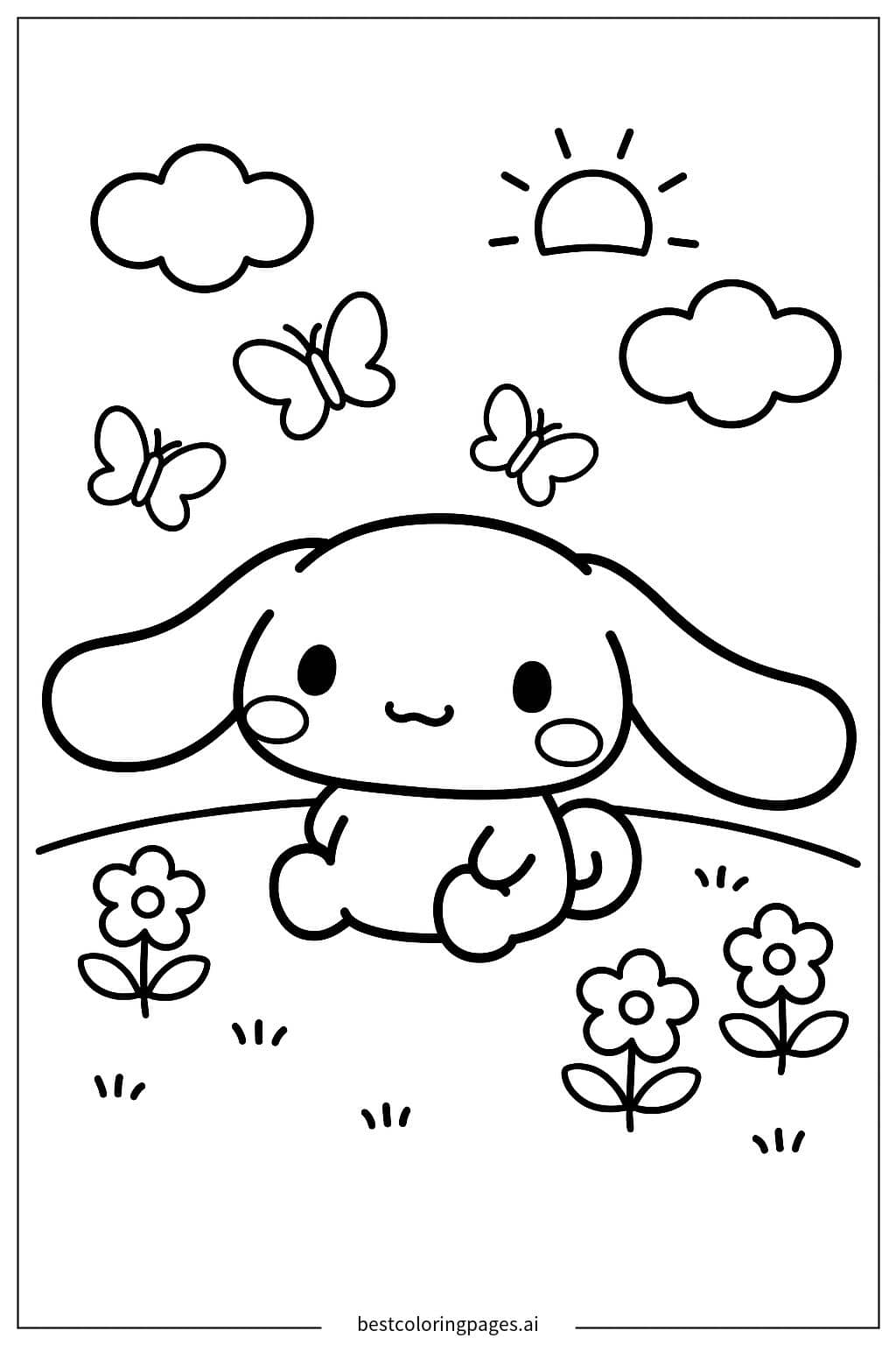 Desenhos de Cinnamoroll Brincando com Borboletas para Colorir