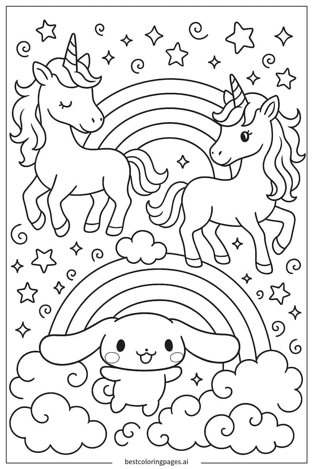 Desenhos de Cinnamoroll com Unicórnios de Arco-Íris para Colorir