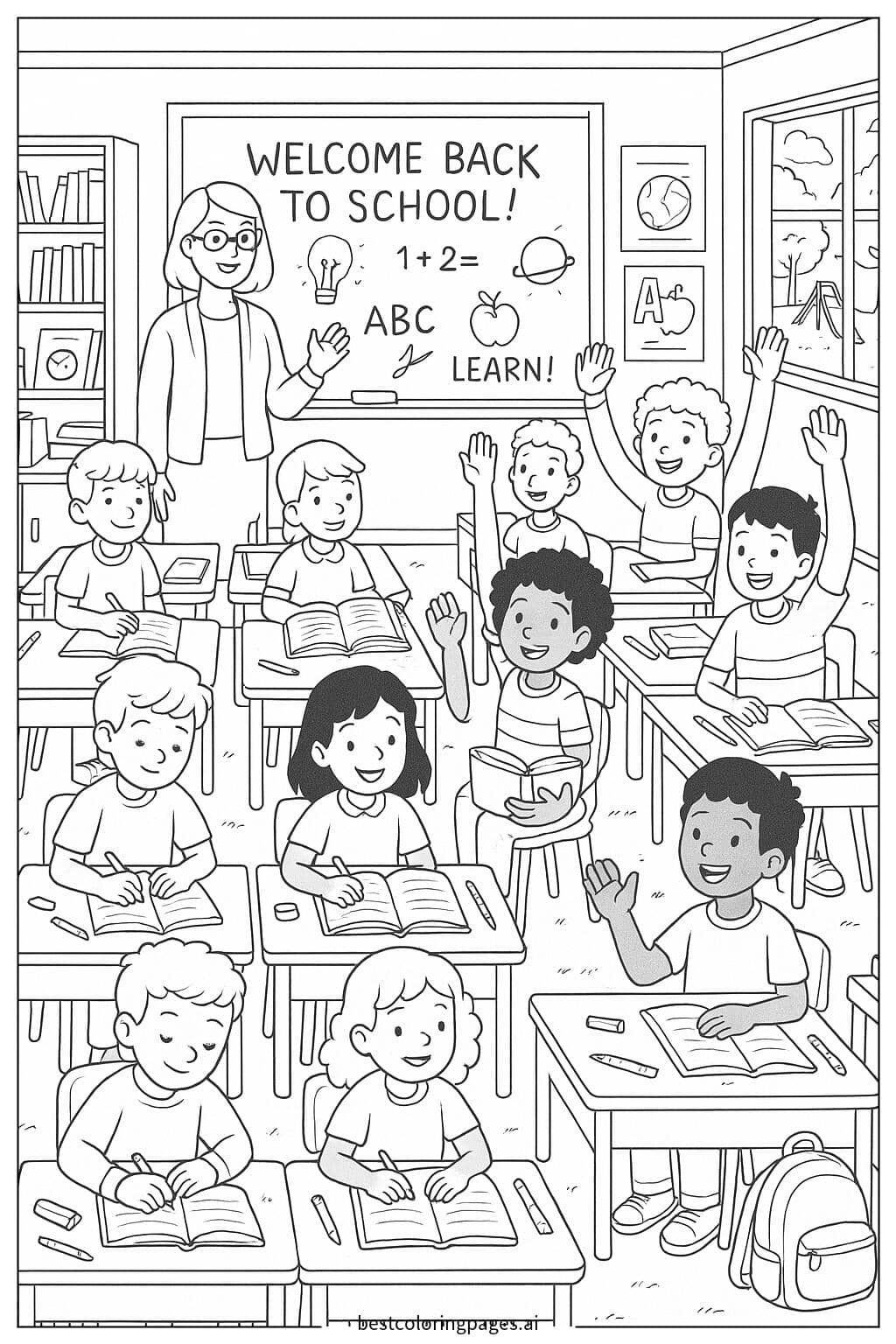 Diverse Students in a Vibrant Classroom Coloring Page