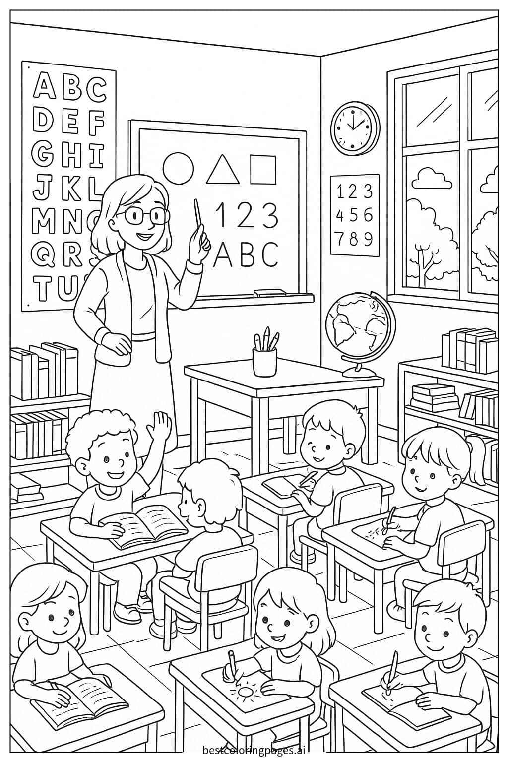 Classroom Scene with Kids and Teacher Coloring Page