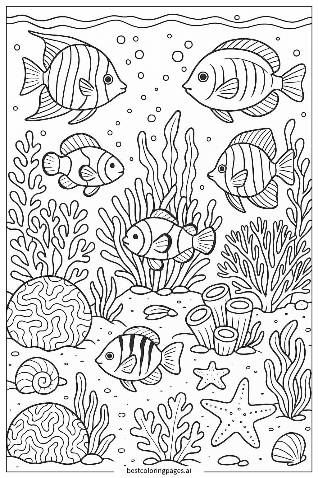 Underwater Coral Reef with Colorful Tropical Fish Coloring Page