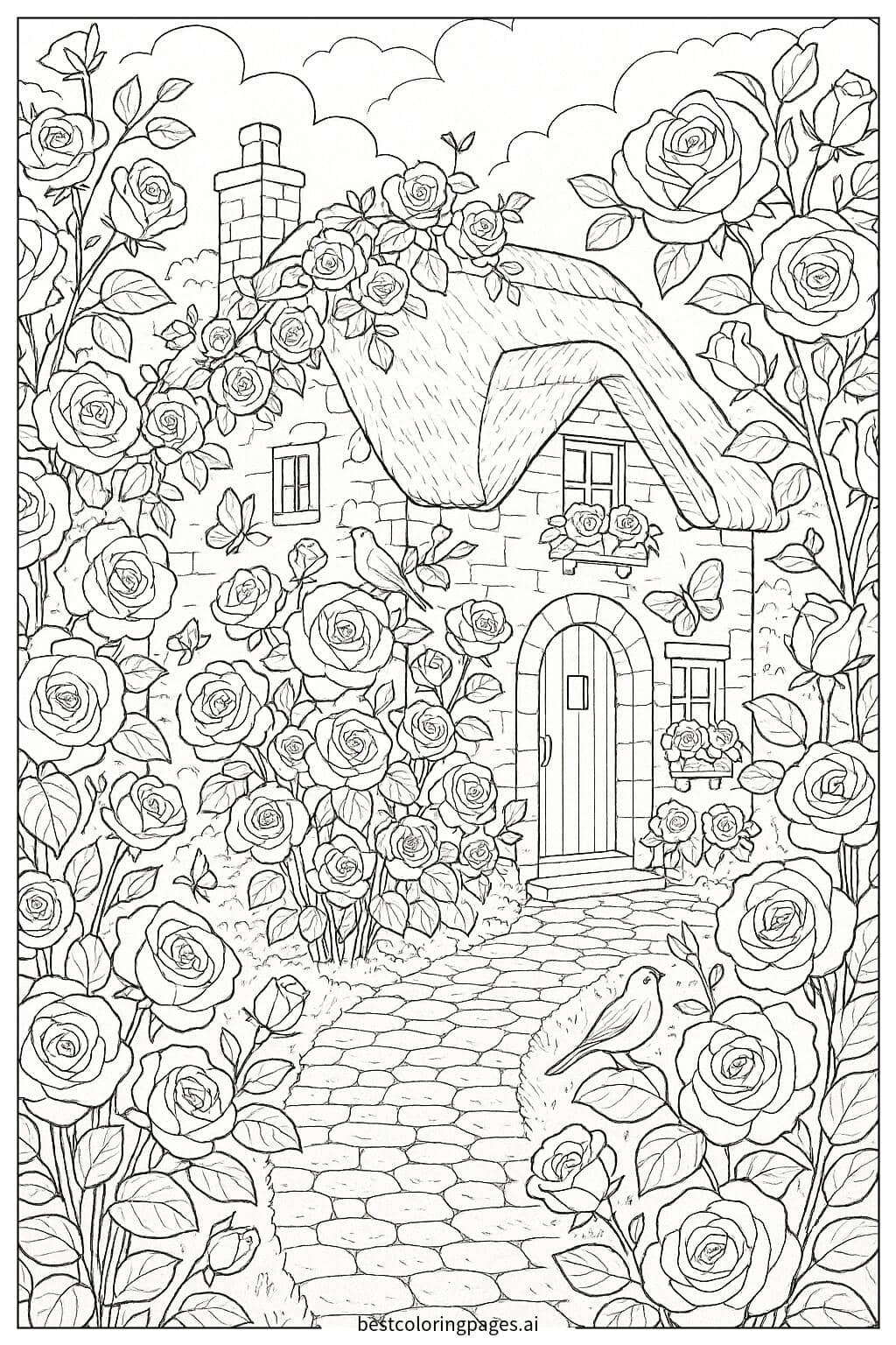 Cottage in a Rose Garden Coloring Page