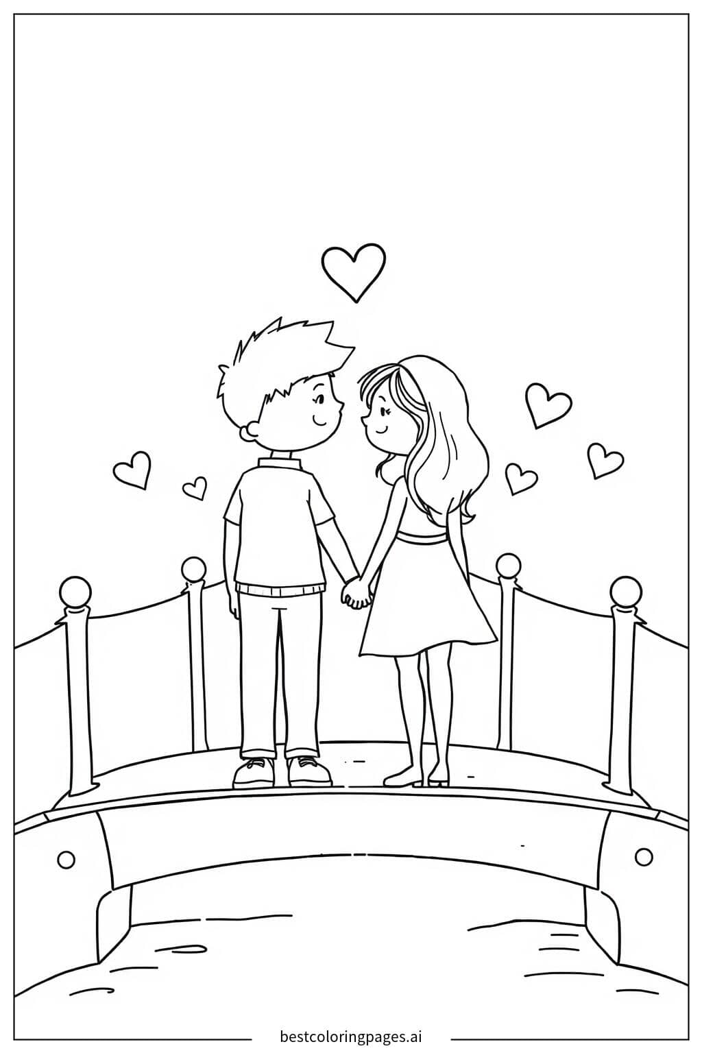 Desenhos de Casal de Mãos Dadas na Ponte para Colorir