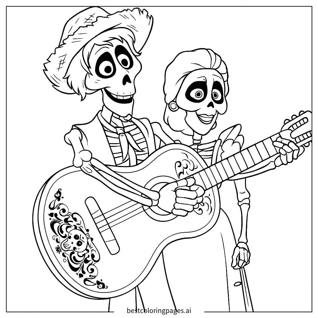Couple Playing Guitar from Coco Coloring Page