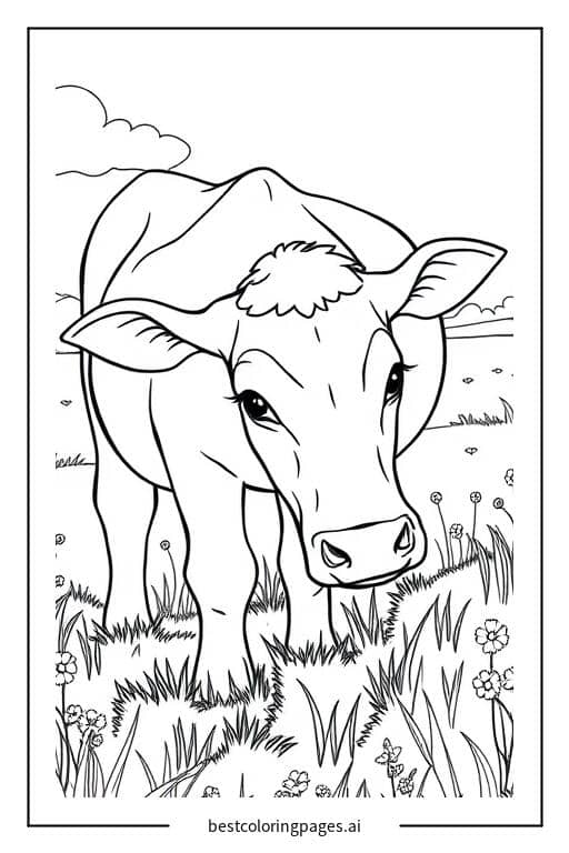 Coloriage Vache broutant dans un pré