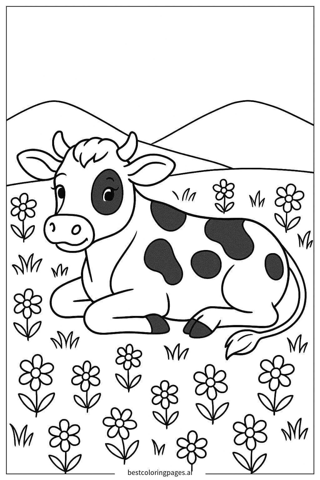 Desenhos de Vaca deitada em um prado cheio de flores para Colorir