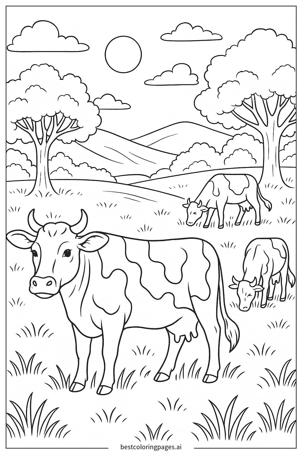 Desenhos de Vacas Pastando em um Prado Ensolarado para Colorir