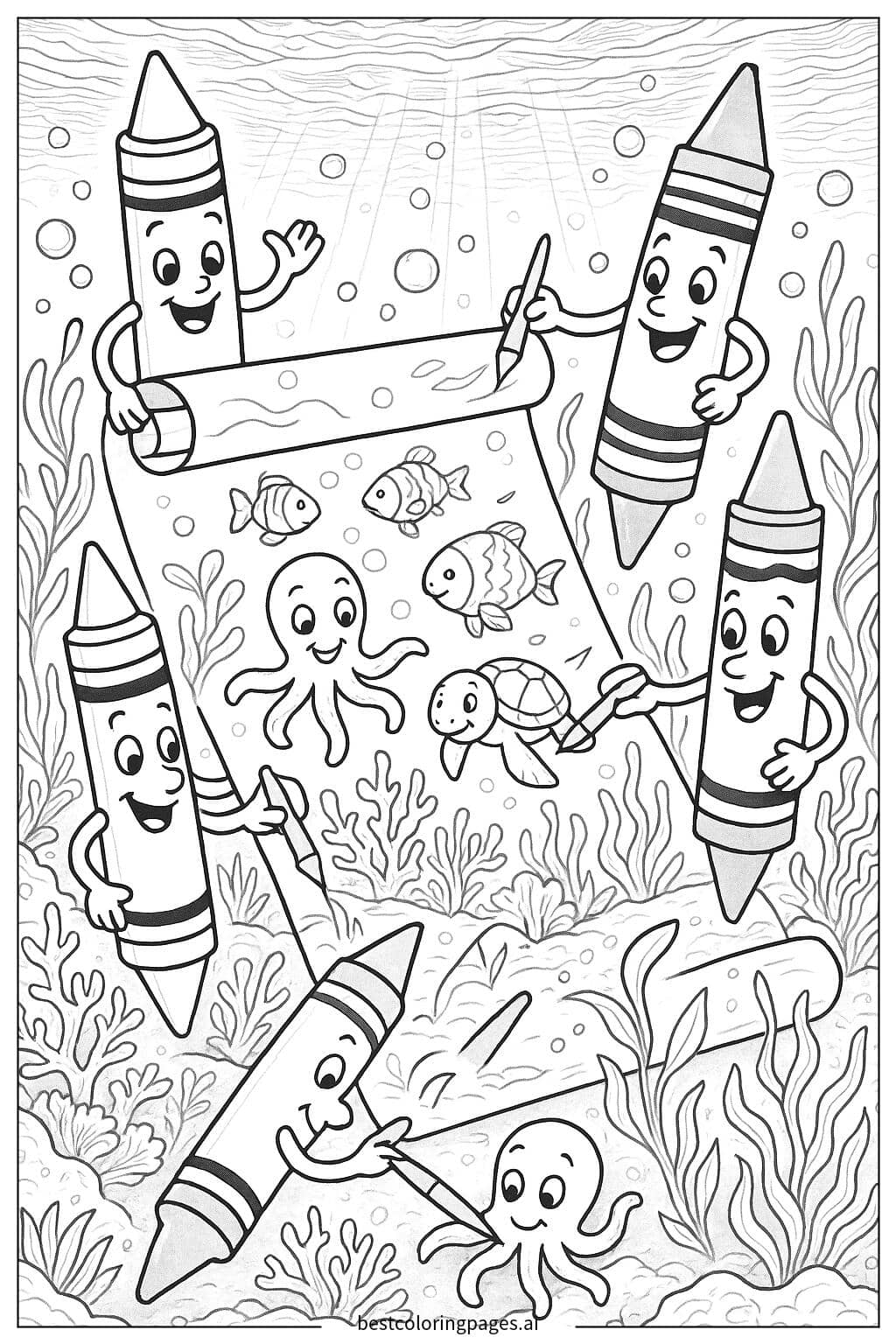 Dibujos de Crayones creando una escena submarina para Colorear