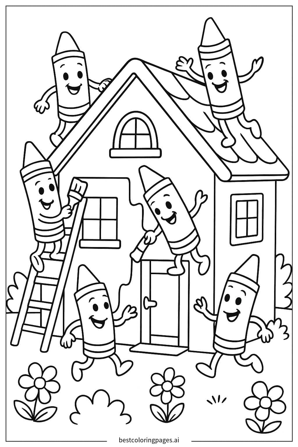 Dibujos de Crayolas pintando una casa para Colorear