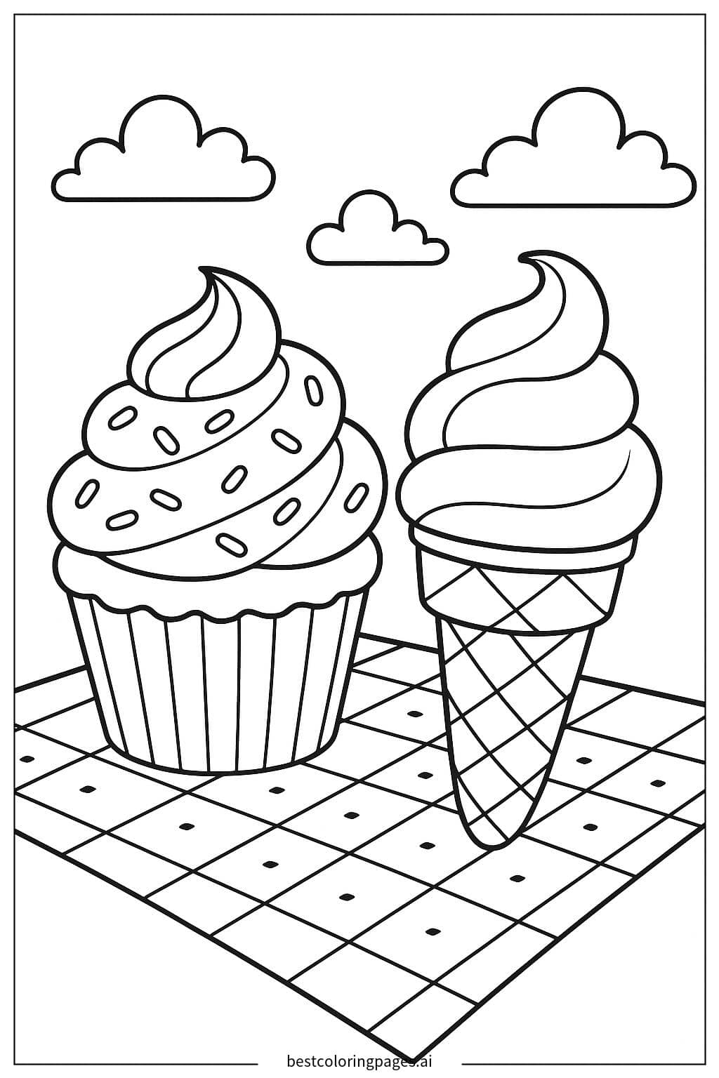 Cupcake and Ice Cream Duo Coloring Page