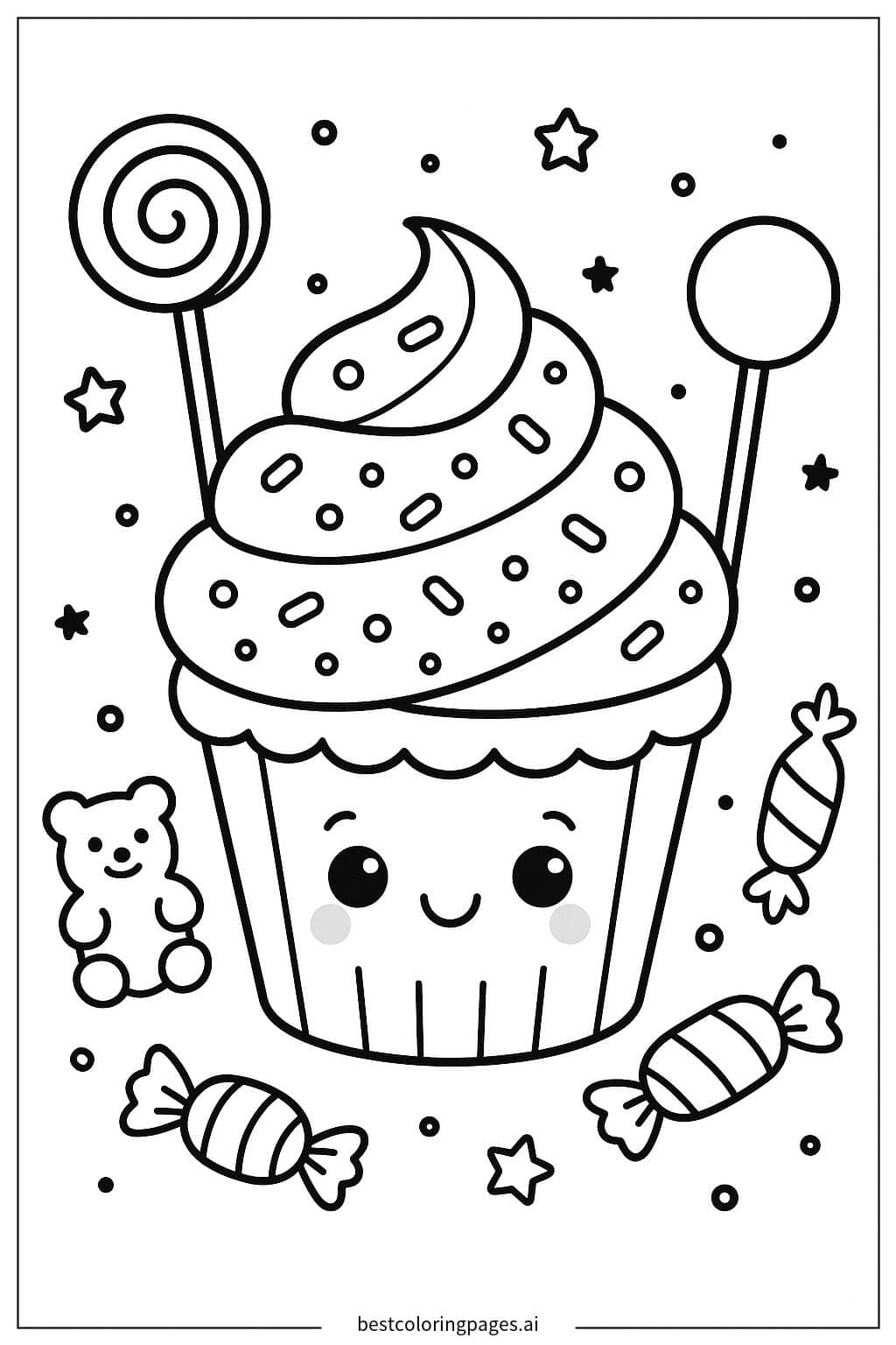 Cupcake Surrounded by Candy Coloring Page