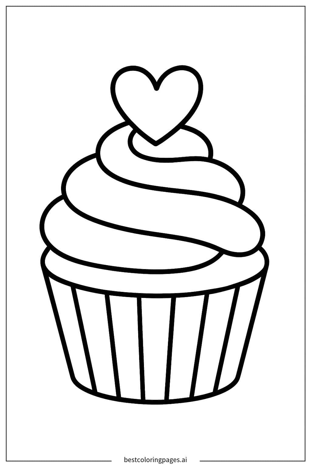 Cupcake with Heart Decoration Coloring Page