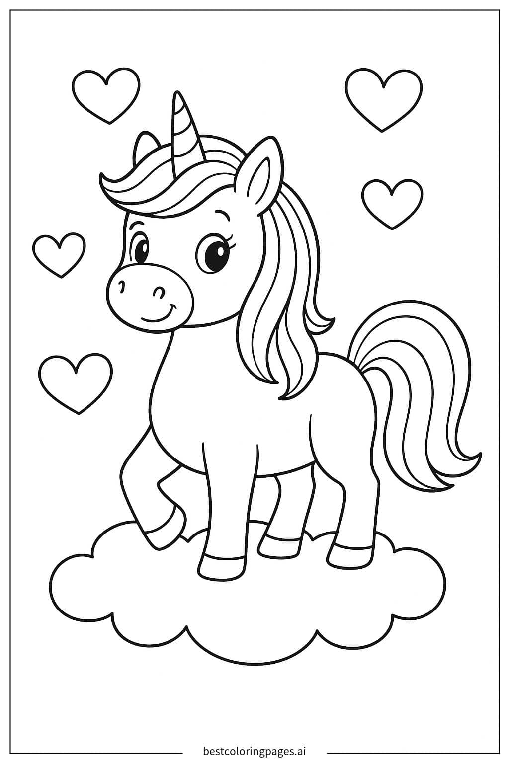 Adorable Unicorn with Heart-Shaped Clouds Coloring Page