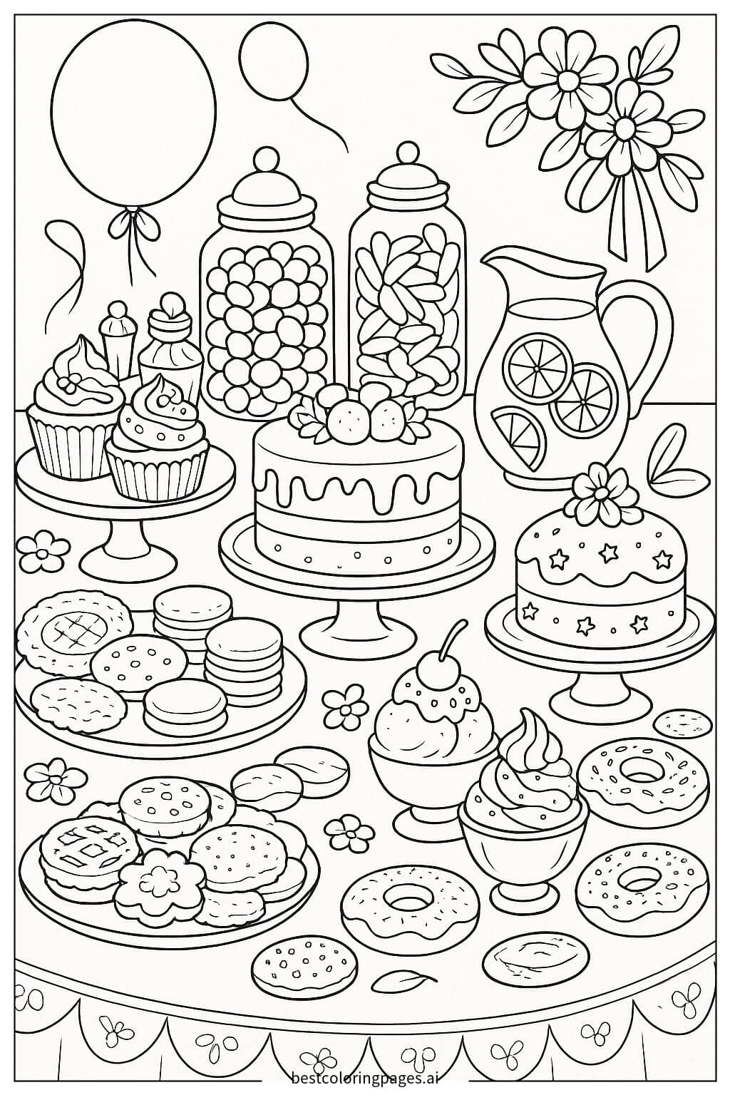 Dessert Table with Various Treats Coloring Page