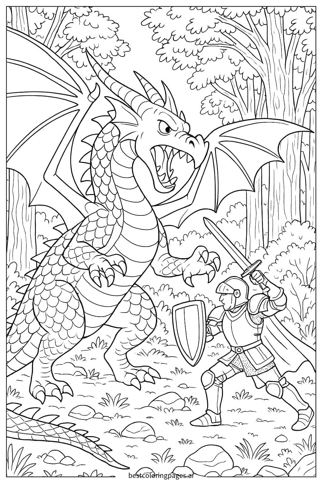 Epic Showdown: Dragon vs. Knight in the Enchanted Forest Coloring Page